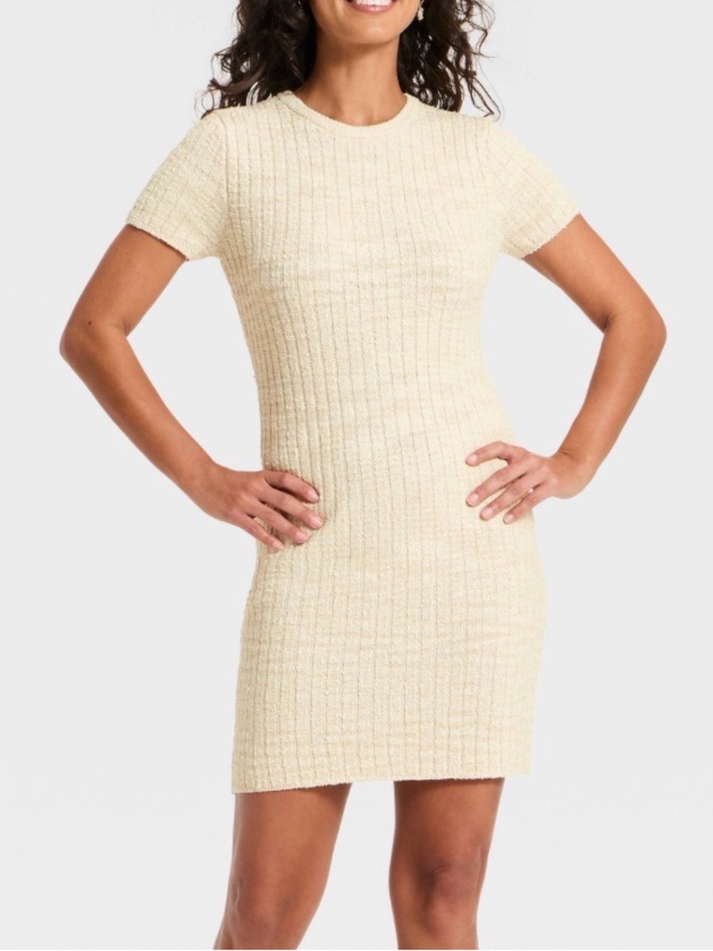 Universal Thread Cream Ribbed Short-Sleeve Mini Dress - Picture 6 of 7